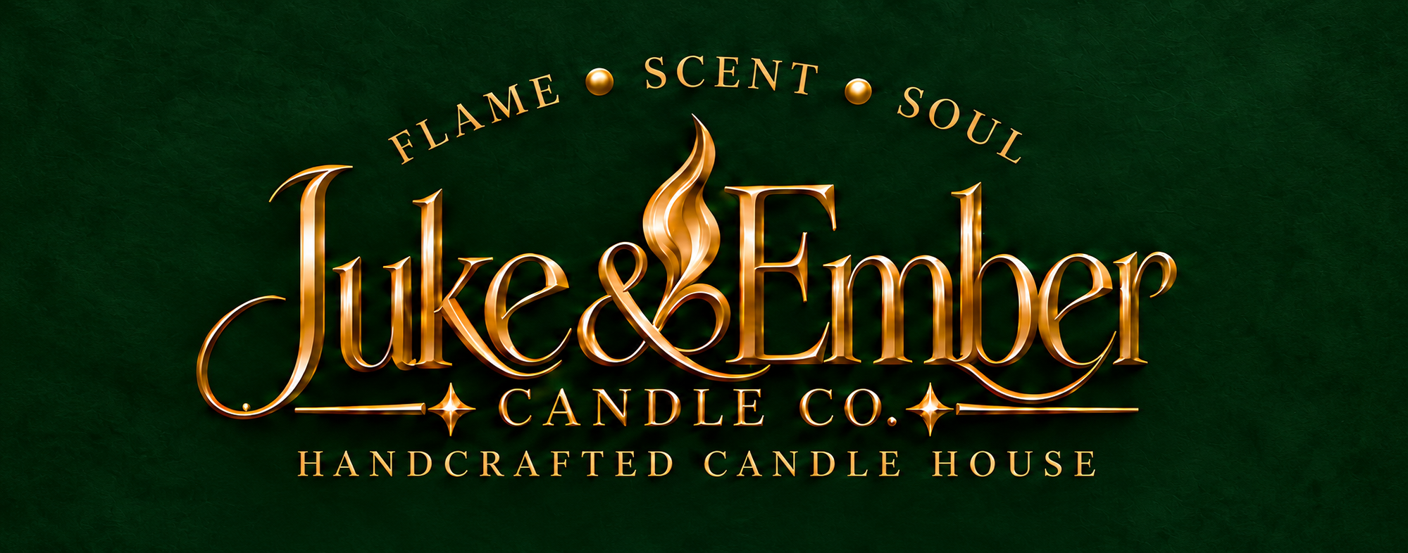 Juke & Ember Candle Co. gold logo on a deep green background — Flame, Scent, Soul; Handcrafted Candle House